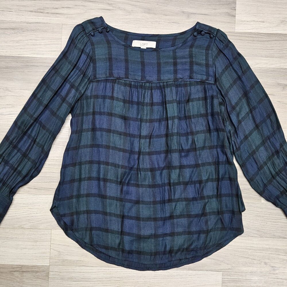 Loft Womens Blue Green Blouse Longsleeve Plaid Small